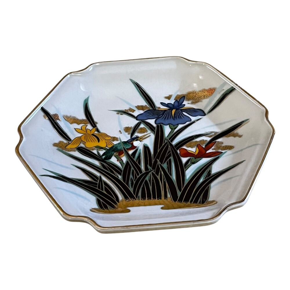 VTG Toyo Japan Kingisher Bird Japanese Iris Flowers Gold Edge 7" Hexagon Plate